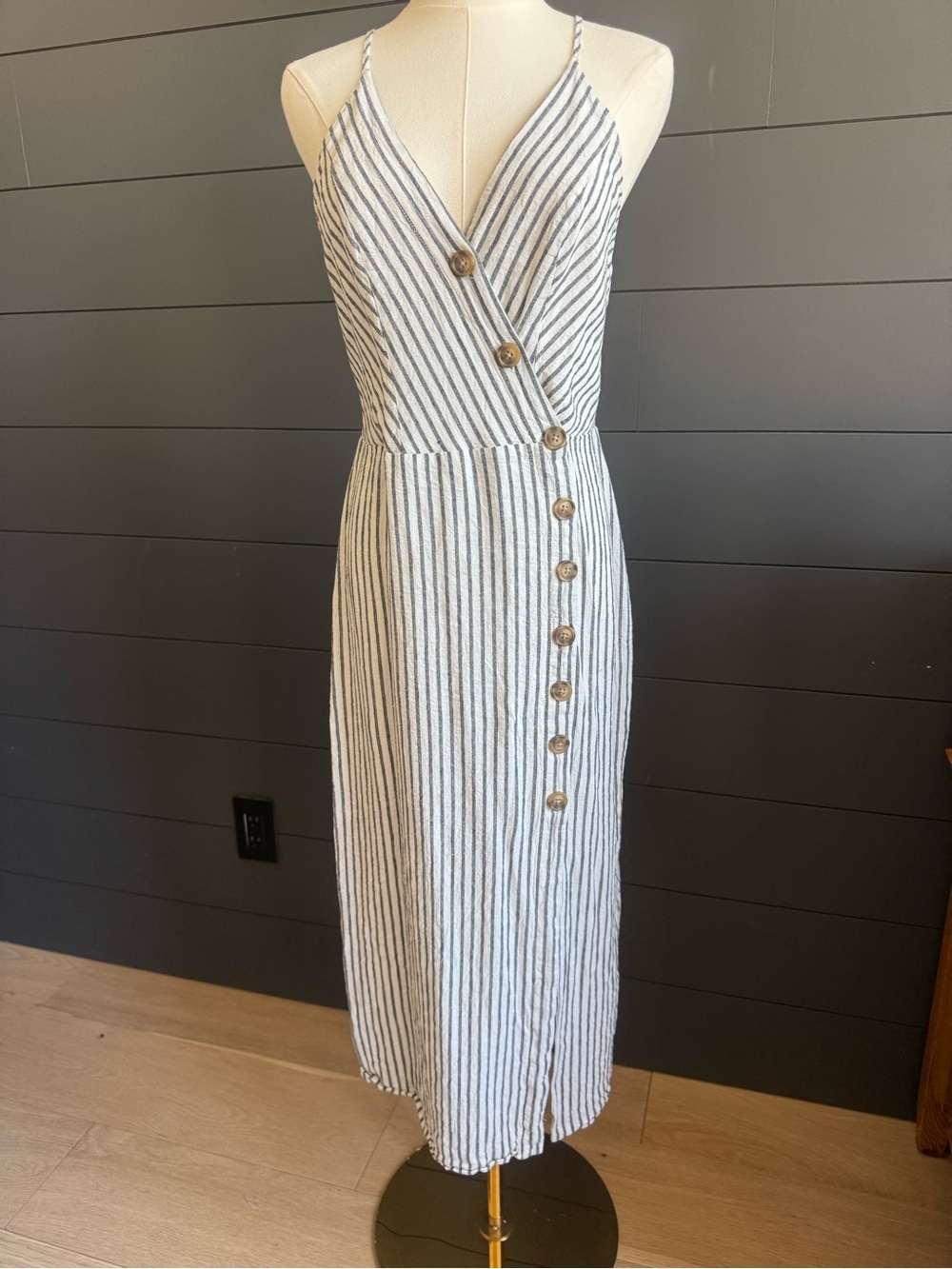 urban Outfitters Striped V-Neck Button-Front Midi Dress in White and Black